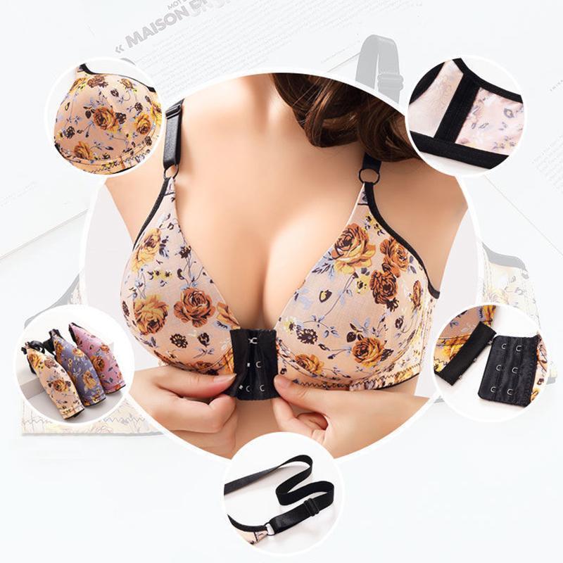 WOMENS FRONT BUCKLE GATHERED PRINT BRA